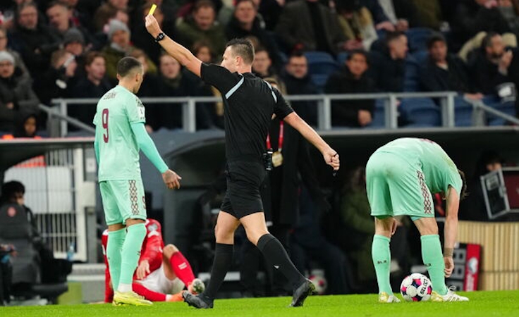 Квалификация ЧМ-2026. Дания - Беларусь. Предупреждение Кириллу Печенину. Фото Ida Marie Odgaard/Ritzau Scanpix