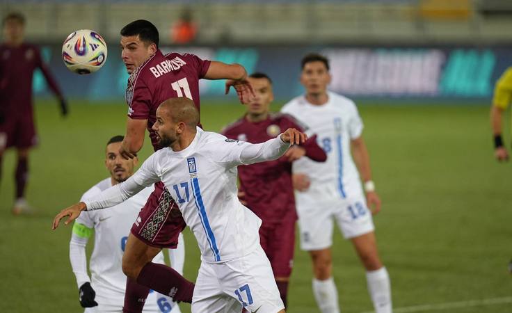 ЧМ-2026. Квалификация. Беларусь - Греция - 0:0. Герман Барковский и Пантелис Хадзидиакос. Фото БФФ